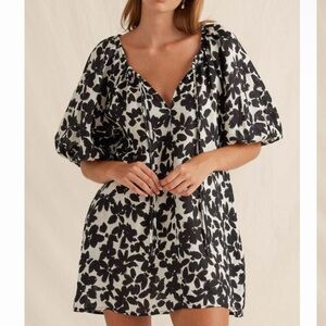 PEONY SWIMWEAR Black & White Floral Puff Sleeve Mini Dress